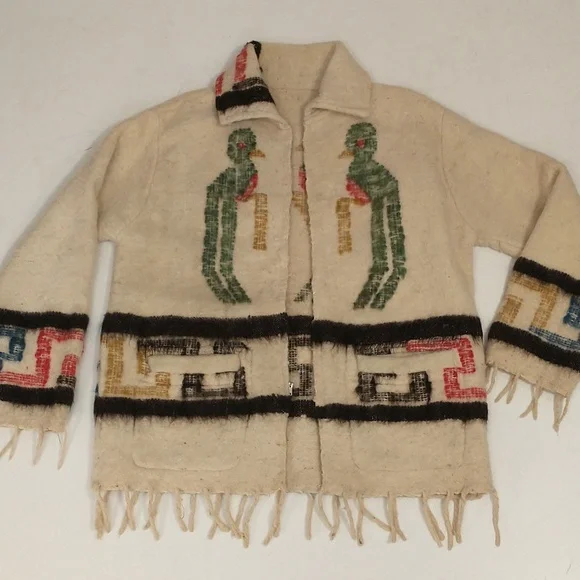 Vintage 70s Wool Jacket Love Birds Hand Crafted South American Woven w Fringe - Picture 8 of 16